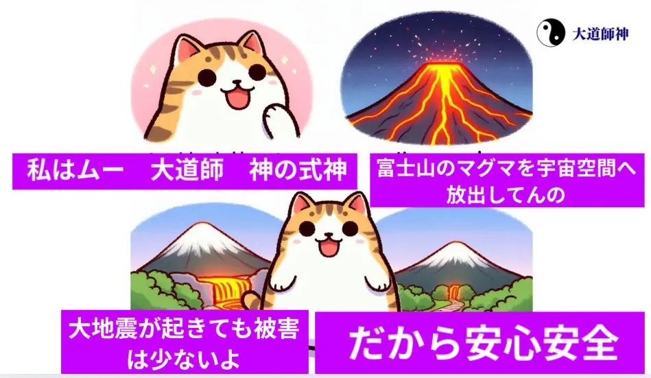 私はムー　大道師　神の式神　富士山のマグマを宇宙空間へ放出してんの　大地震が起きても被害は少ないよ　だから安心安全