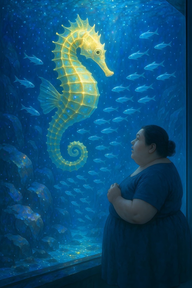 水槽の魚を眺めてる女性のAIイラストをはかばくようしました